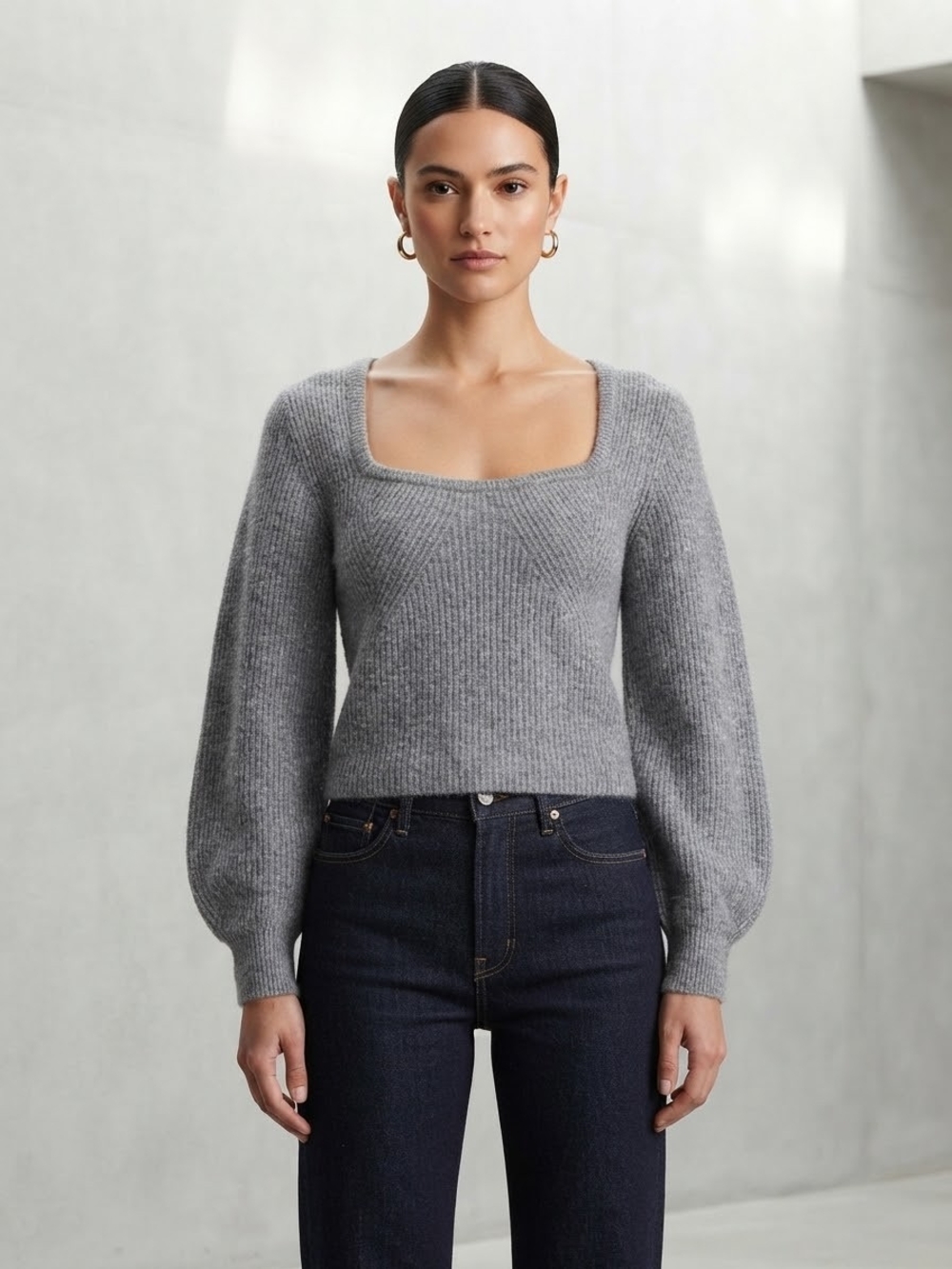 H&M Gray Square-Neck Balloon Sleeve Sweater Size Small
